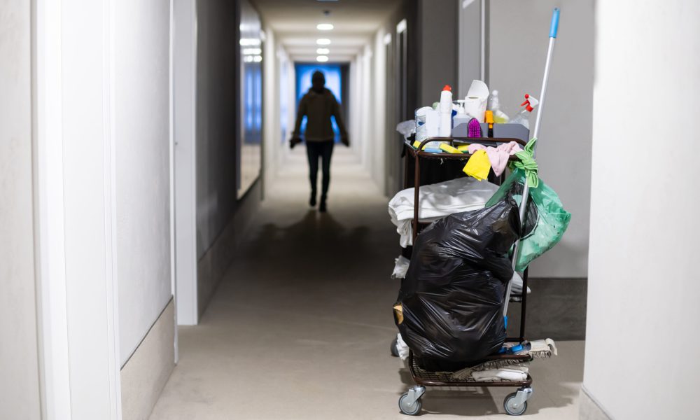 Cleaning Cart in the station.Cleaning cart with wall background.cleaning cart copy space